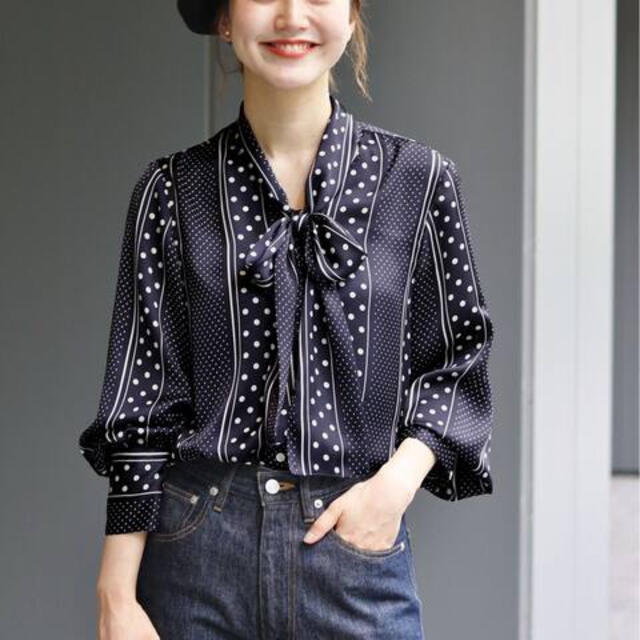 IENA - ドット ボウタイVネックブラウス ネイビーの通販 by ムー's