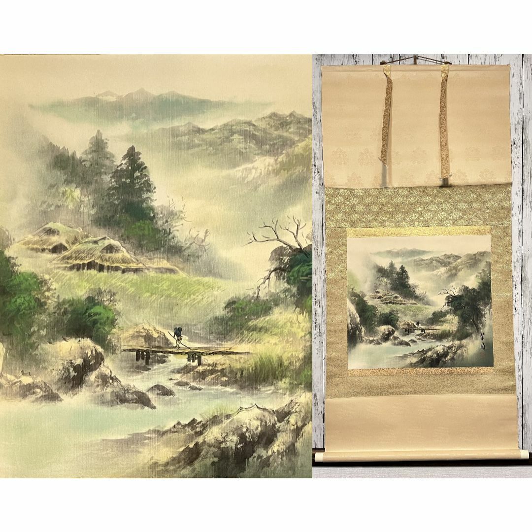 掛軸 華国『彩色山水図』絹本 肉筆 中島清堂識箱 共箱付 掛け軸