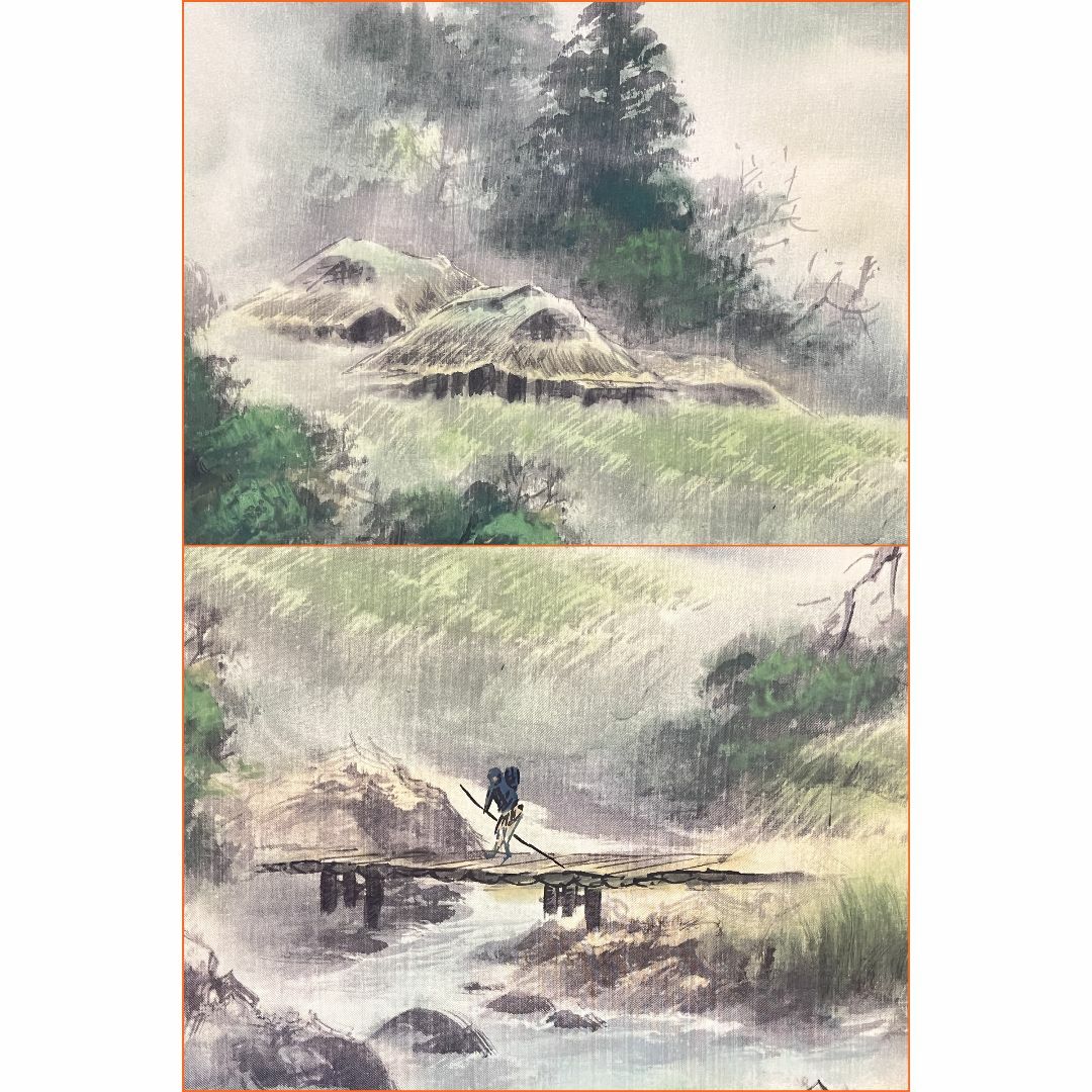 掛軸 華国『彩色山水図』絹本 肉筆 中島清堂識箱 共箱付 掛け軸