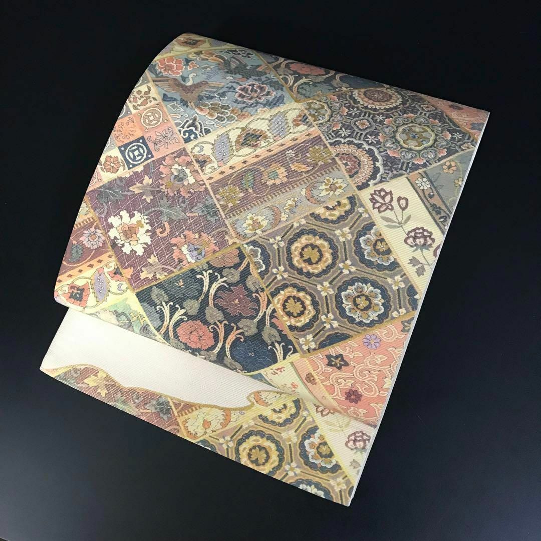 FF-192 袋帯 銀通し 正絹 太鼓柄 オリエンタル ボタニカル 美品の通販