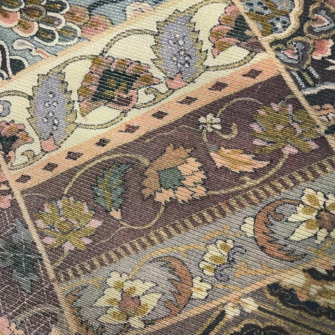 FF-192 袋帯 銀通し 正絹 太鼓柄 オリエンタル ボタニカル 美品の通販