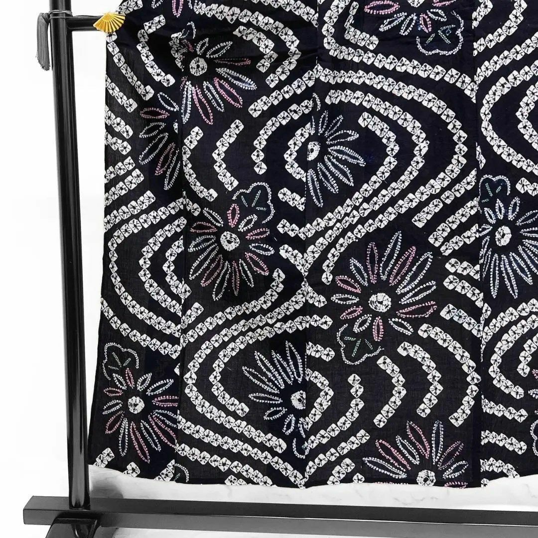 浴衣 有松鳴海絞り 菊花 流水 鹿の子 ネイビー 藍染 着物 052a dの通販