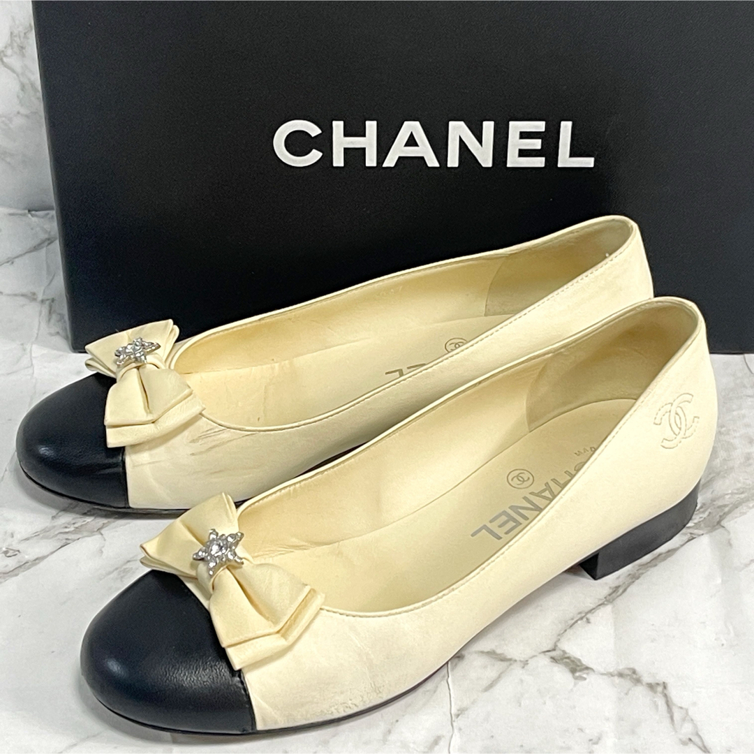 シャネル スタービジュー リボン ココマーク パンプス レザー 23cm 箱付き