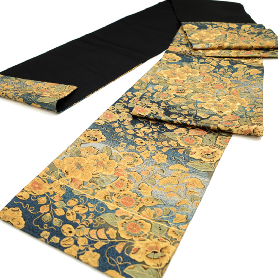 すごい値！袋帯 京都 西陣 正絹 青 銀 金 花苑辻が花文 辻が花 椿 金糸