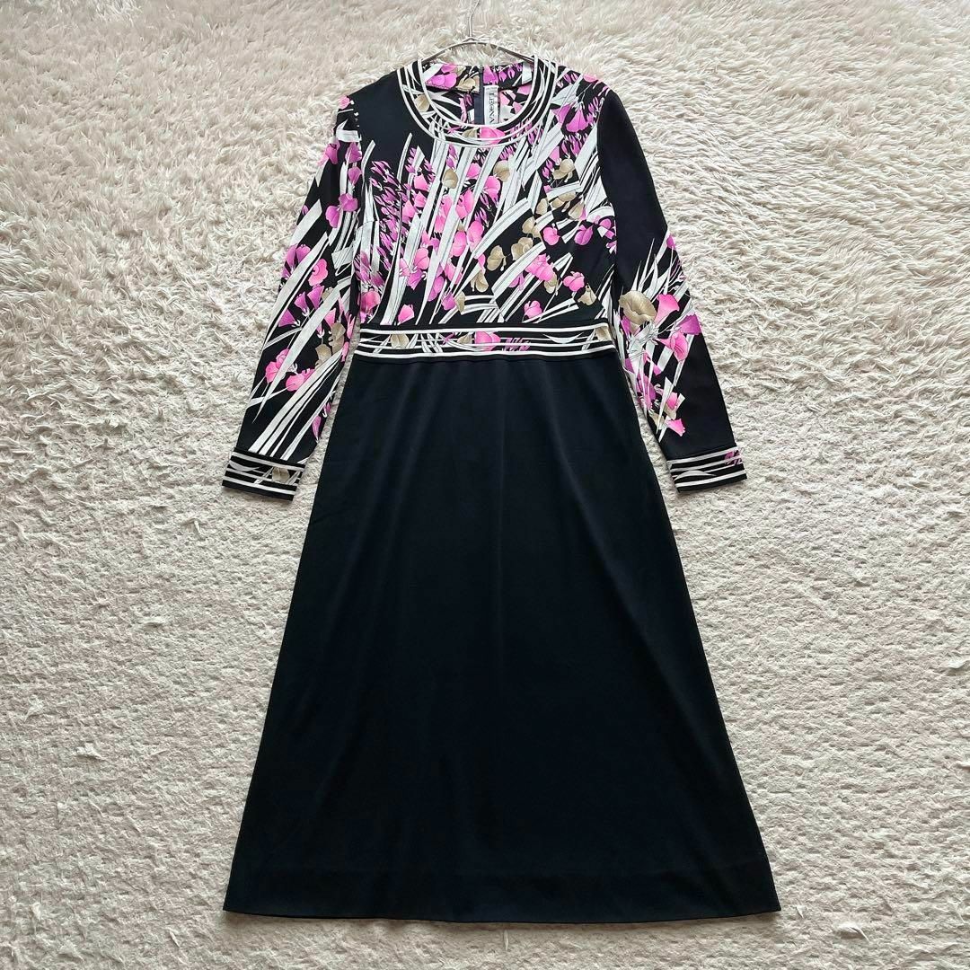 レオナール ワンピース 花柄 トリム ウエストマーク シルク フランス製