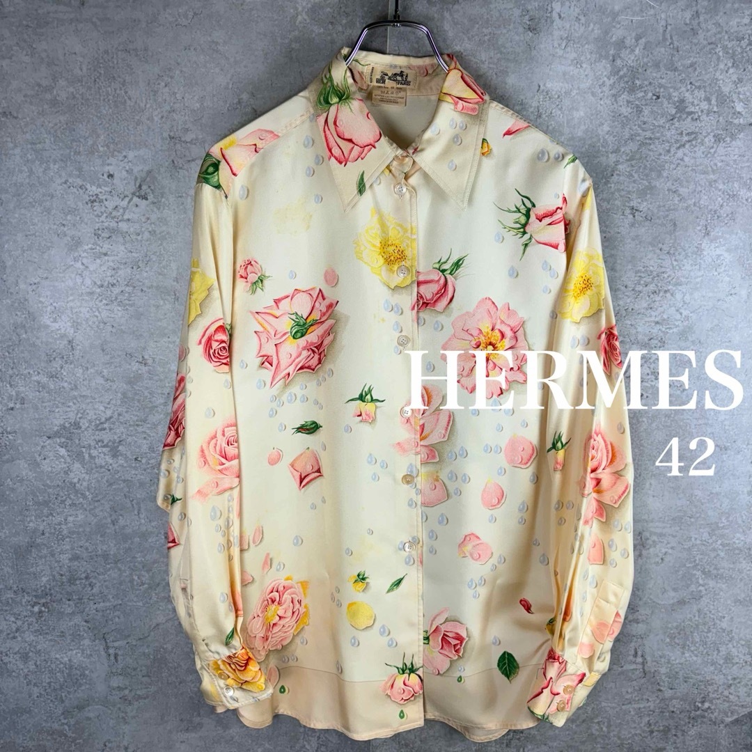 HERMES - HERMES エルメス シルク100% シャツ 42 バラの雫 アイボリー