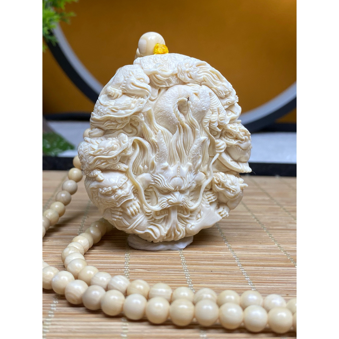 天然マンモス牙美しい手作り彫刻竜生九子 置物 天然マンモス牙美しい
