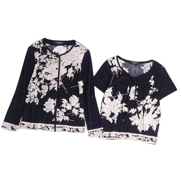 美品✨ LEONALD レオナール ブラウス 長袖 花柄 トリム 黒×白 M