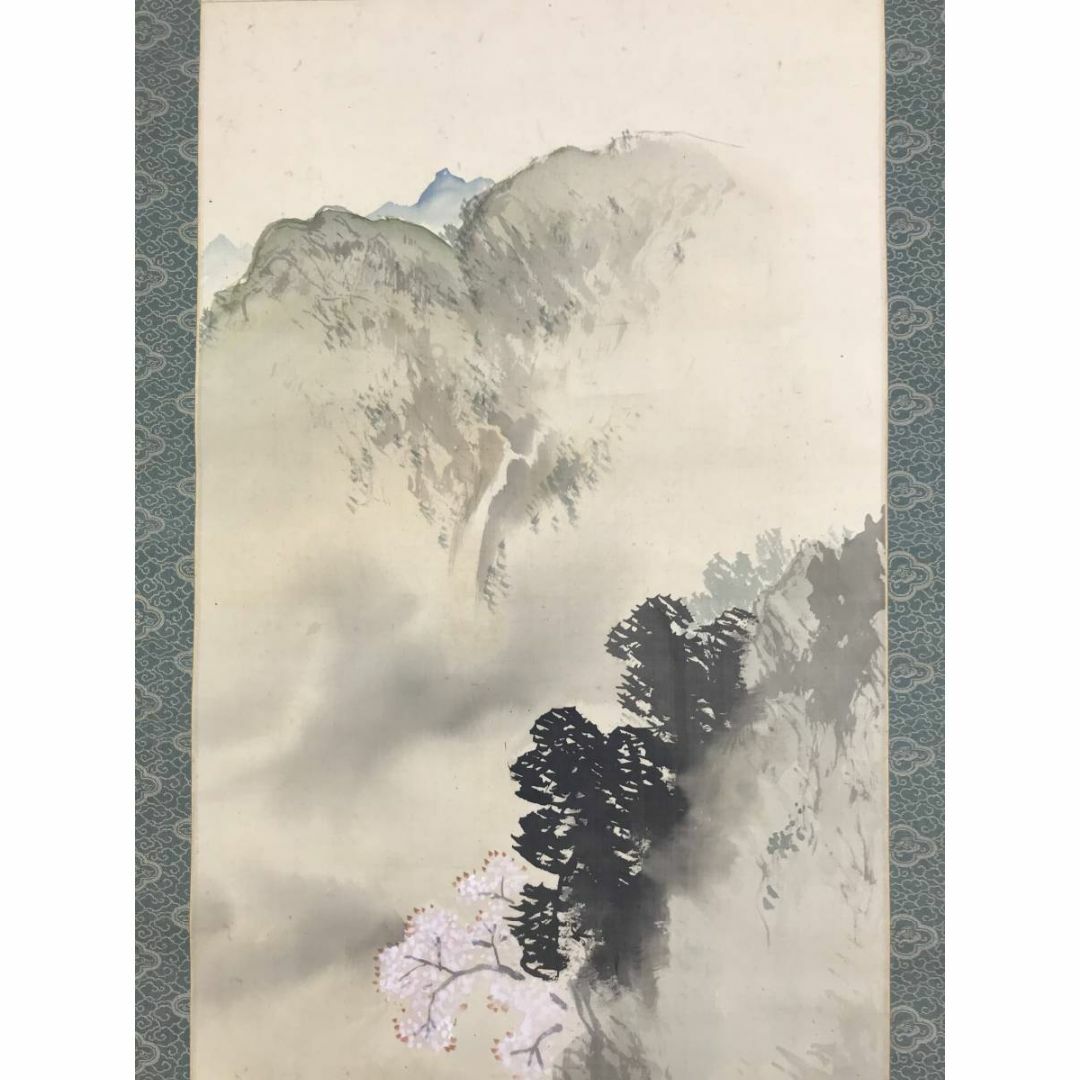 真作】小山春翠/桜花筏下り図/山水図/春景山水図/掛軸☆宝船☆AD-913の
