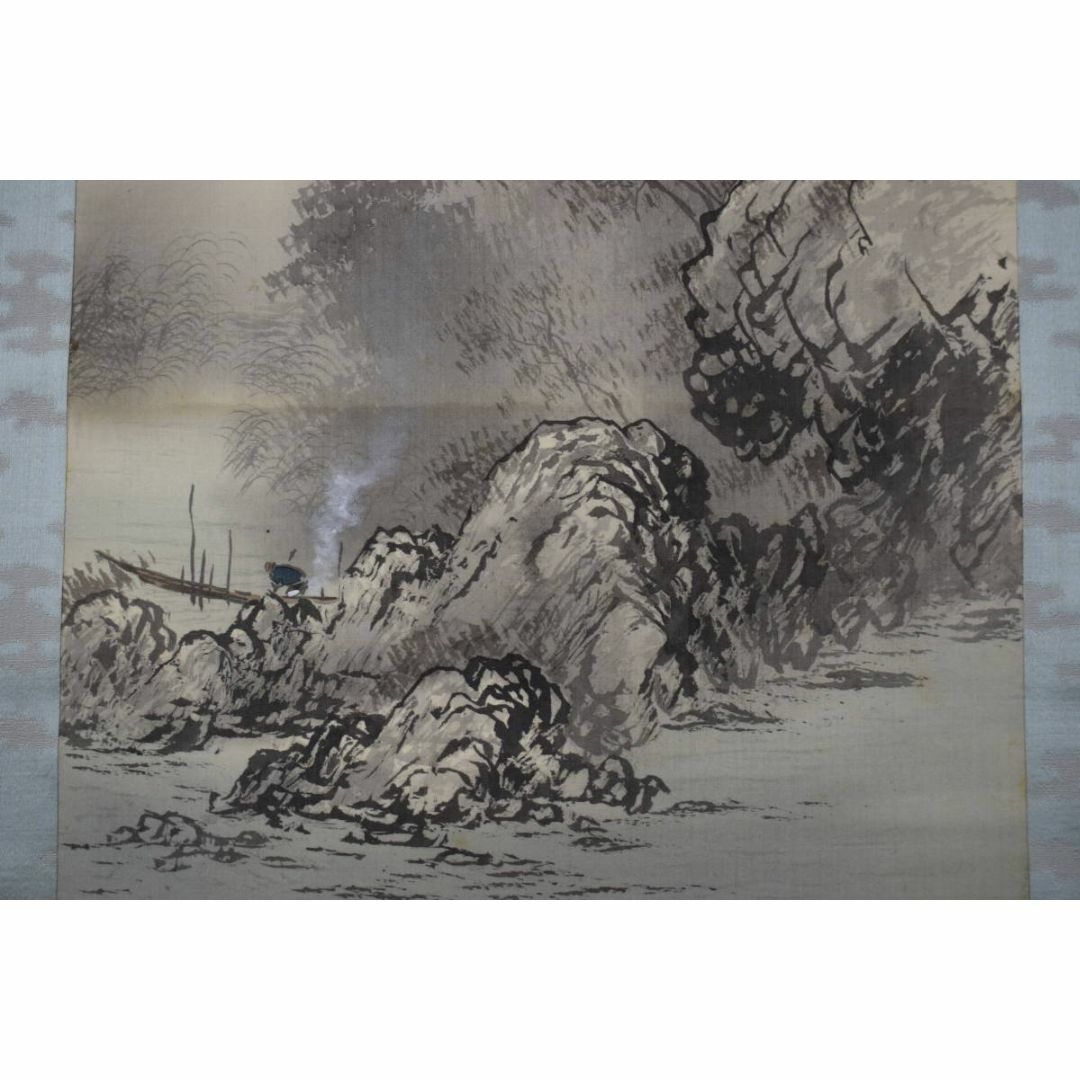 真作】紫鳳/谷川紫鳳/早春梅花山水図/漁舟図/掛軸☆宝船☆Y-385の通販