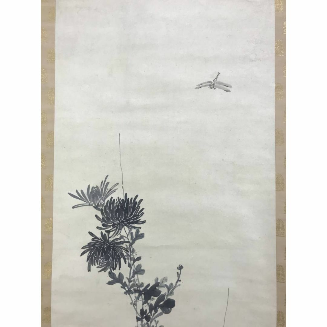 真作】古市金峨/菊に蜻蛉図/トンボ図/花鳥図/掛軸☆宝船☆AD-586の通販
