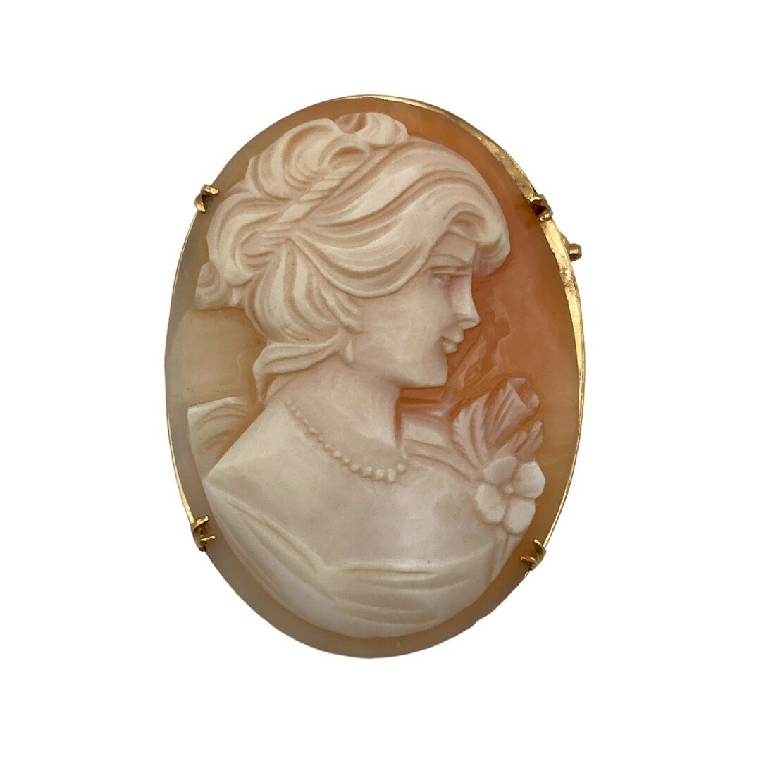 K18 シェルカメオ ブローチ ペンダントトップ 女性の横顔 中古 D4の