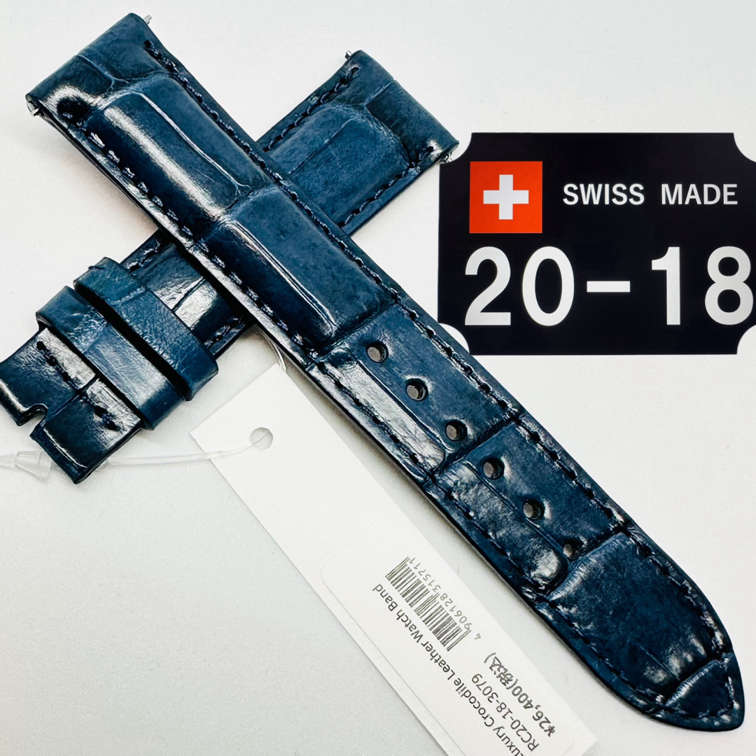 3079#20mm-18mmダークブルー☆本物クロコダイルレザーベルト☆スイス製