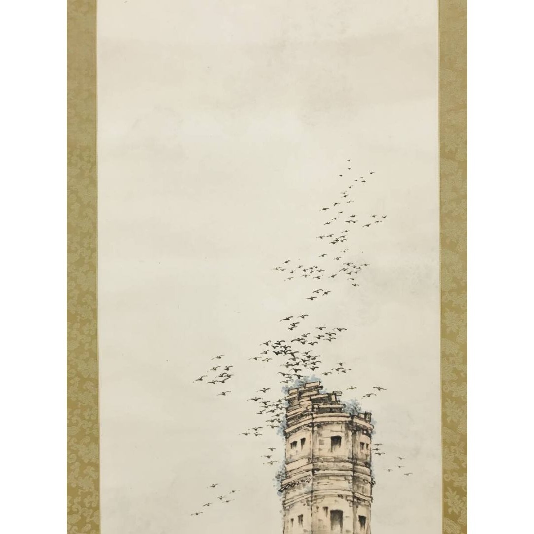 真作/高橋来潮/枯木寒鴉図/中国古塔/晩秋の掛軸/掛軸☆