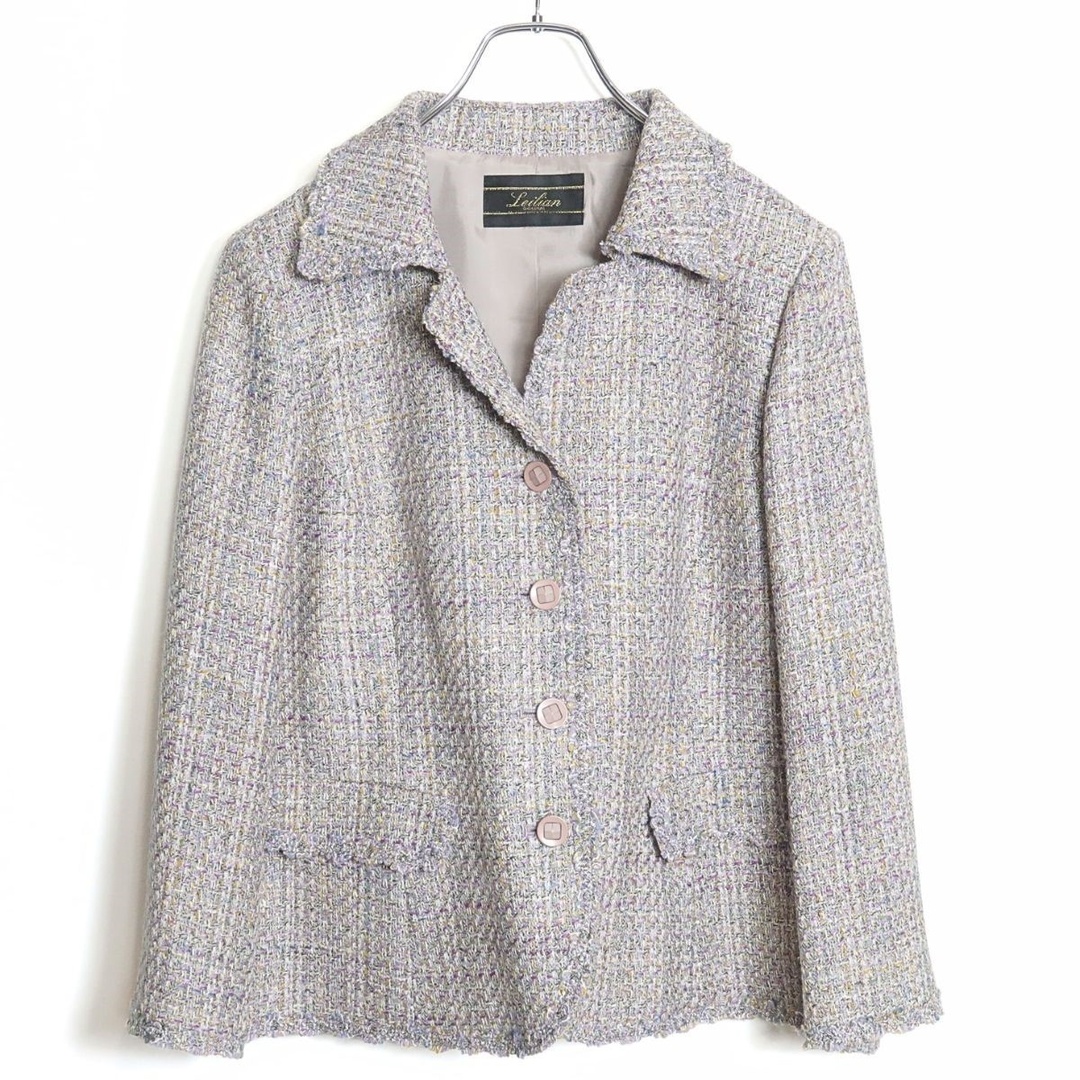 絹シルク15%レリアンLeilian希少 ツイード ジャケットコート 13+