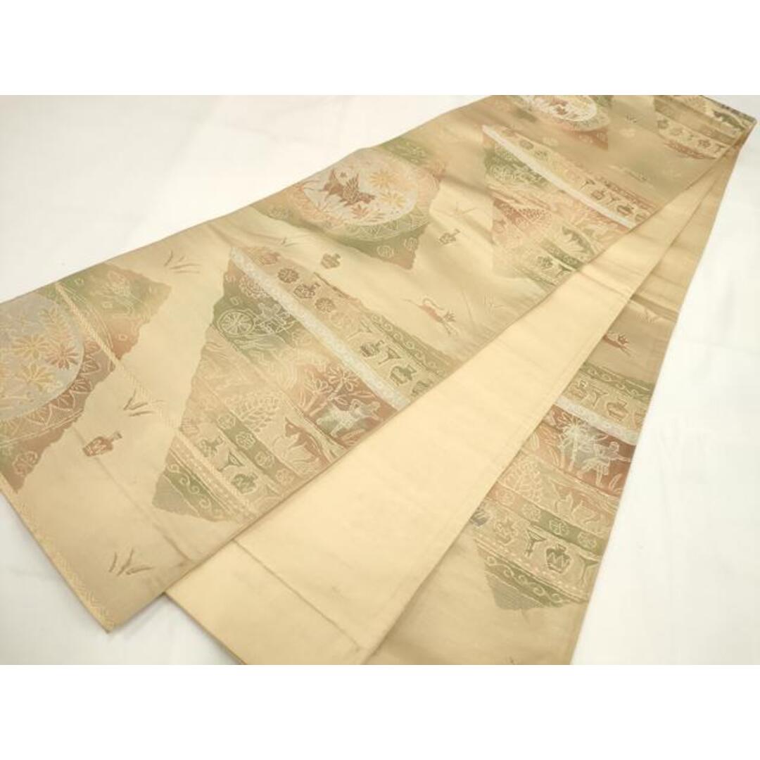 平和屋着物◎六通柄袋帯 切嵌狩猟花文 金糸 正絹 逸品 AABG6131wjの