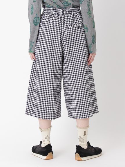 フラワーワンポイント刺繍 コットンブロークンドビーチェックガウチョ