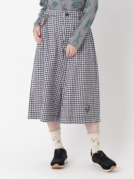 フラワーワンポイント刺繍 コットンブロークンドビーチェックガウチョ