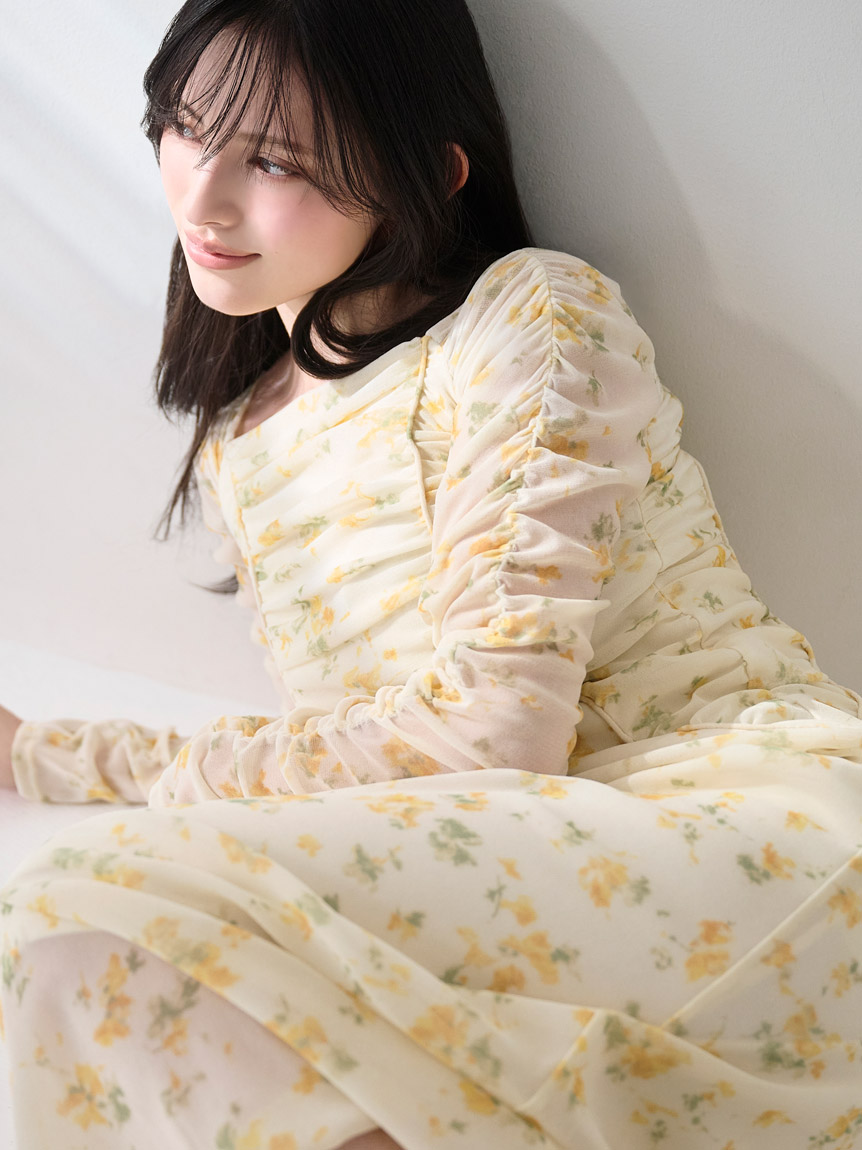 フロッキープリントギャザーワンピース(マキシ・ロングワンピース