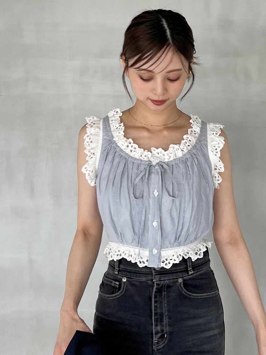 クロップドコットンフリルブラウス(シャツ・ブラウス)｜トップス