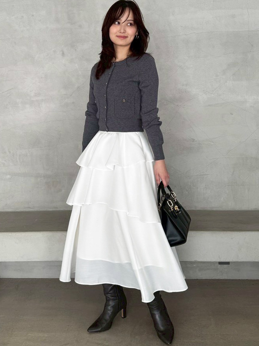 Sustainableニットカーデ×ティアードスカートセット(トップス＆ボトム