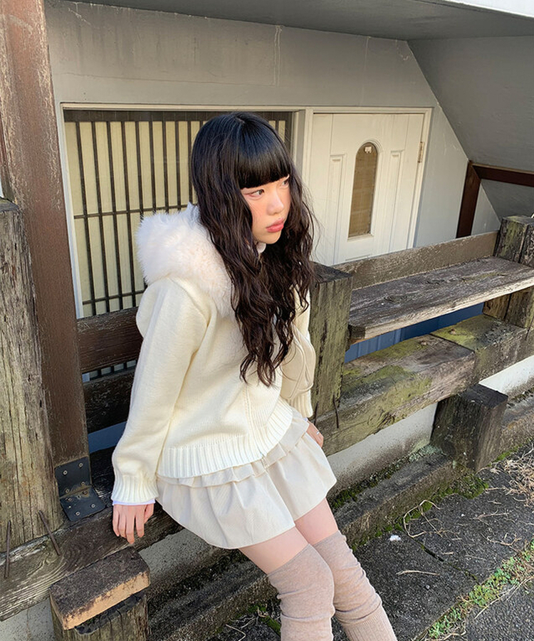 ミンクファーフードニットジップアップ｜ジャンパー｜韓国ファッション