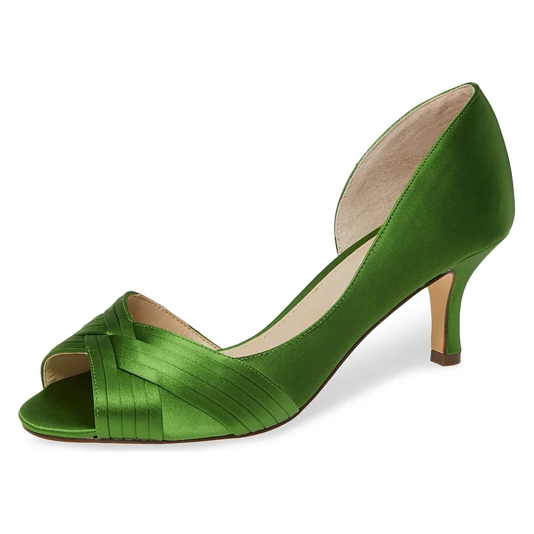 Green Satin Peep Toe Kitten Heels D'orsay Pumps|FSJshoes