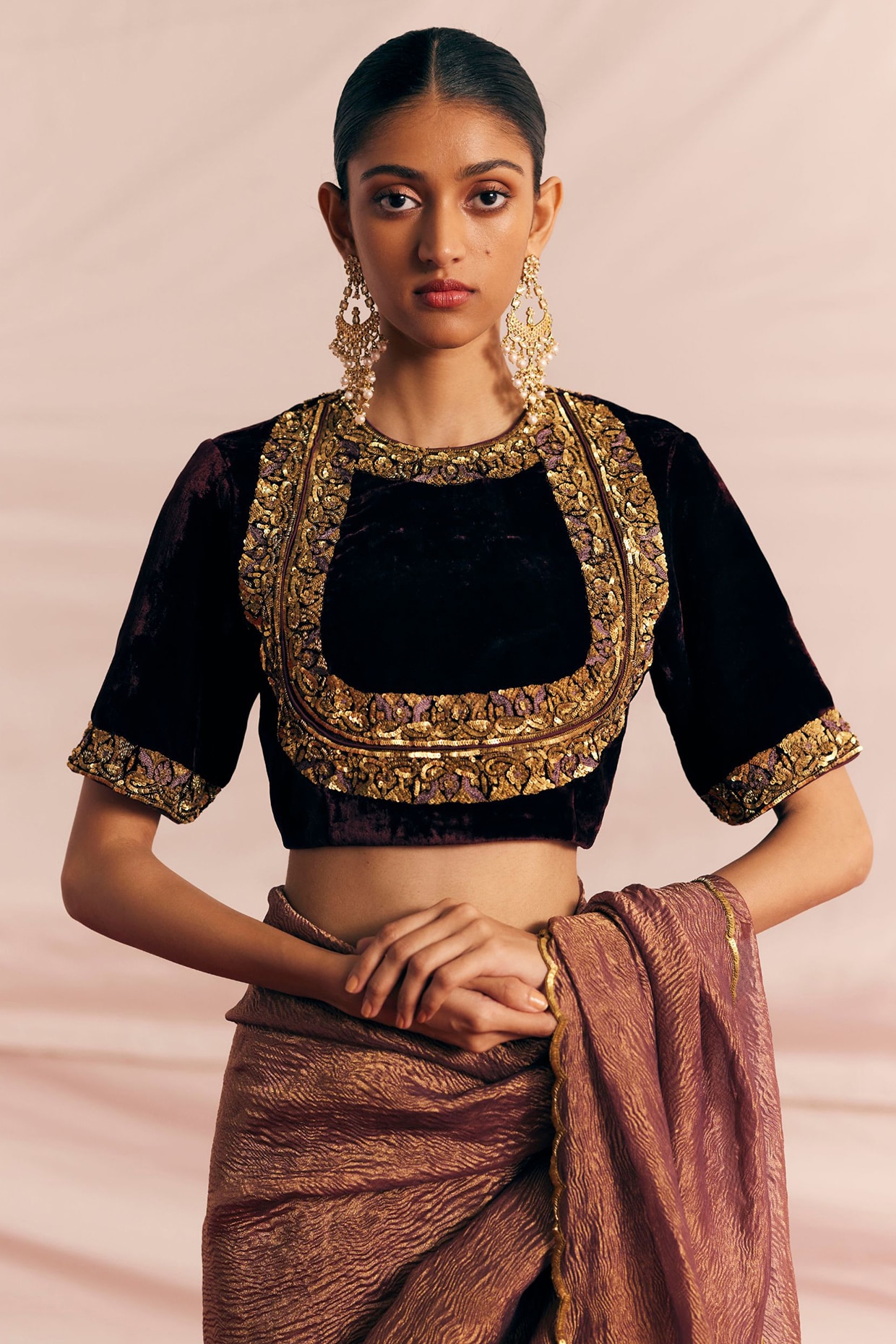 Burgundy Silk Velvet Embroidered Blouse by Mimamsaa at Pernia's