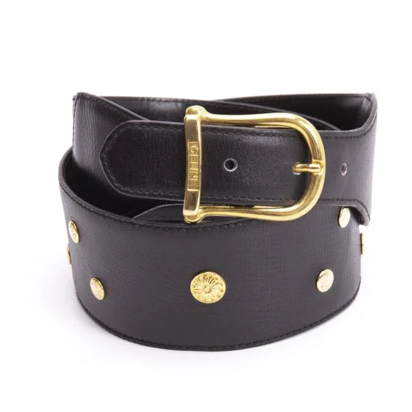 セリーヌCELINE リベットデザインレザーベルト 黒ゴールド (K-147678)