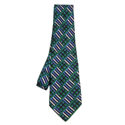 イヴサンローランYves Saint Laurent シルク幾何学模様ネクタイ 黒青白