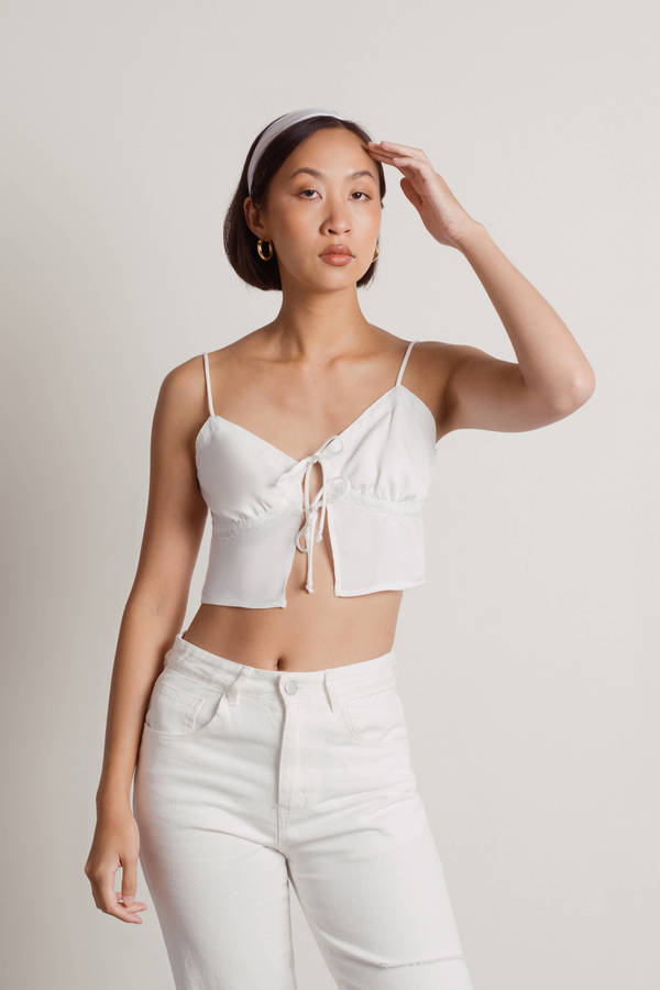 White Crop Top - Satin Crop Top - Double Tie Lace Trim Crop Top
