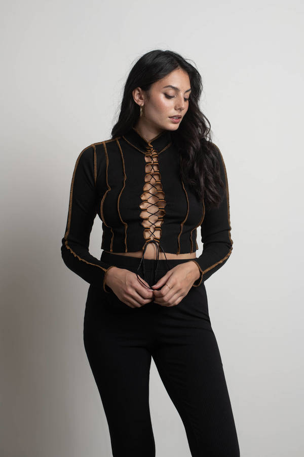 Black Crop Top - Exposed Stitch Crop Crop - Lace Up Crop Top