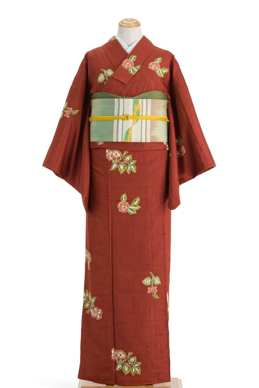 染紬 赤茶地に花 - からん::アンティーク着物・リサイクル着物の通販サイト
