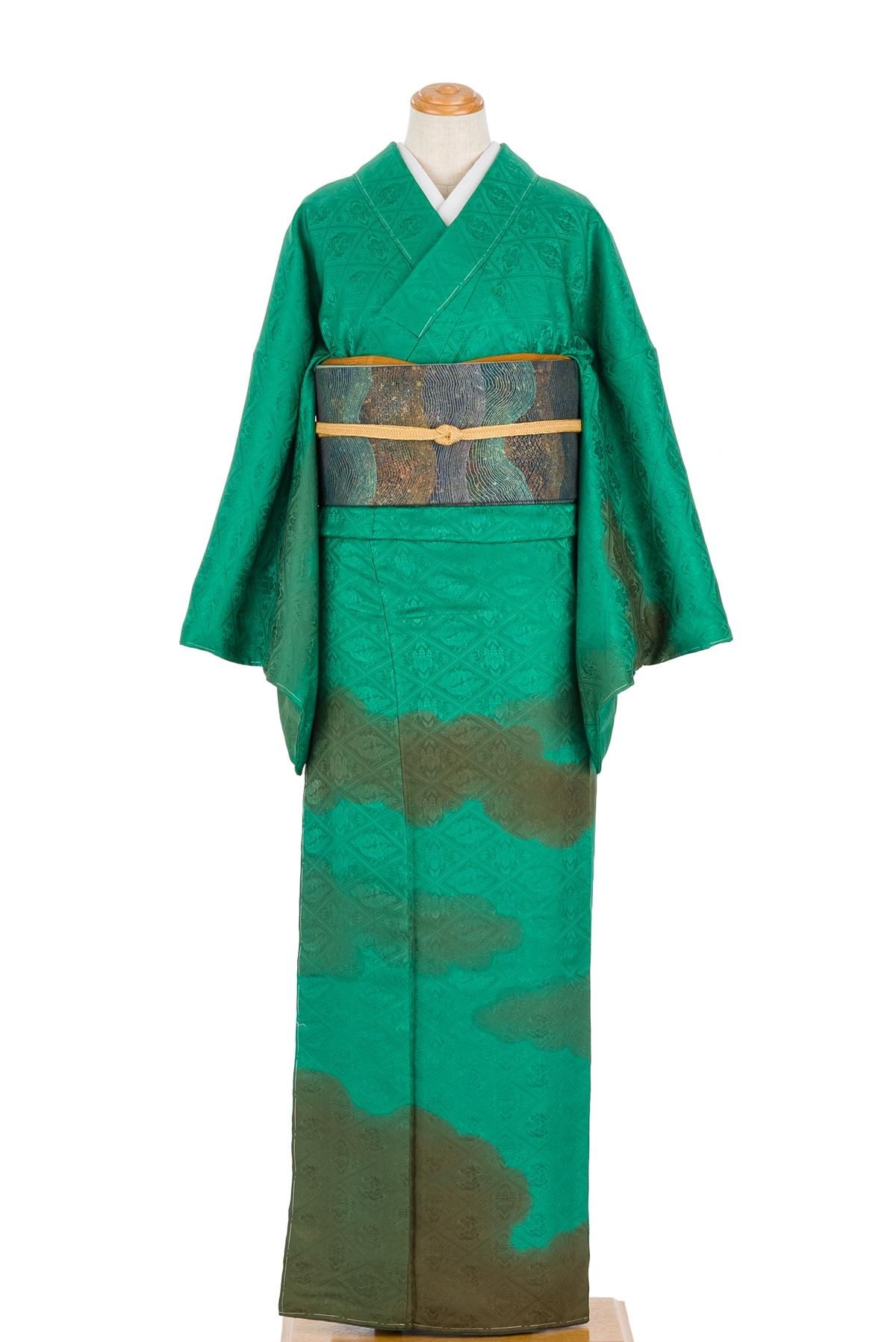 訪問着 鮮やかな緑 雲 - からん::アンティーク着物・リサイクル着物の