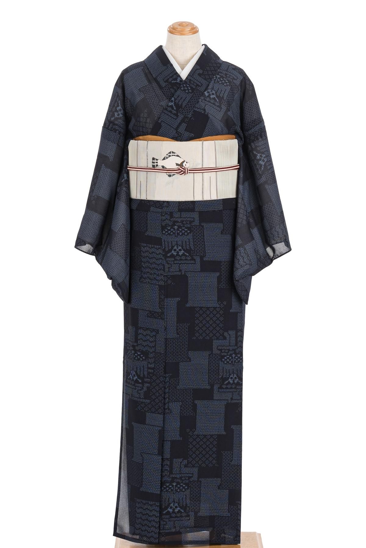 夏結城 抽象柄 石下結城紬 80亀甲 - からん::アンティーク着物