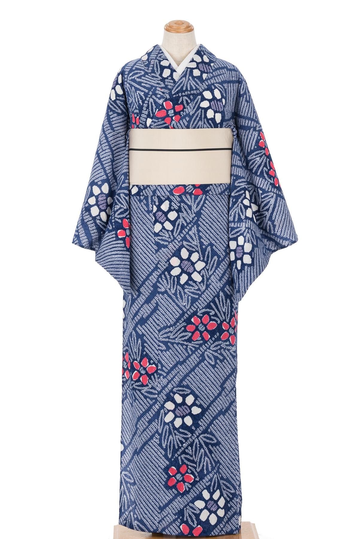 有松絞り浴衣 花と枝の縞模様 - からん::アンティーク着物・リサイクル