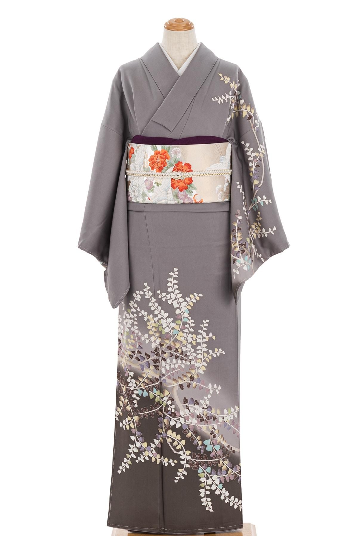 訪問着 手描き友禅 葉模様 作家物 - からん::アンティーク着物