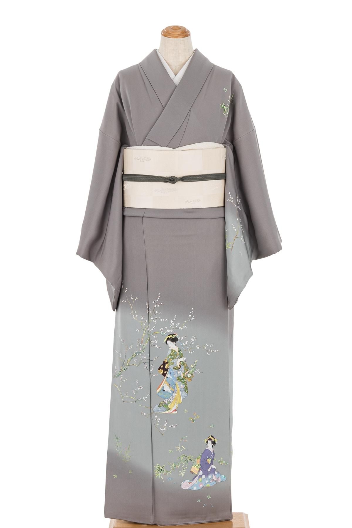 訪問着 白梅と女性 - からん::アンティーク着物・リサイクル着物の通販