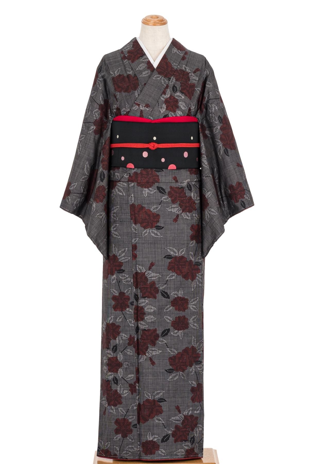 大島紬 赤い花 - からん::アンティーク着物・リサイクル着物の通販サイト