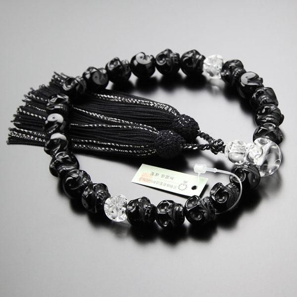 数珠 男性用 22玉 髑髏彫り 黒オニキス 本水晶 正絹2色房 ドクロ