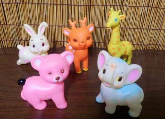 レトロ アニマル ソフビ人形 5体セット - 「宝の森」昭和レトロ雑貨