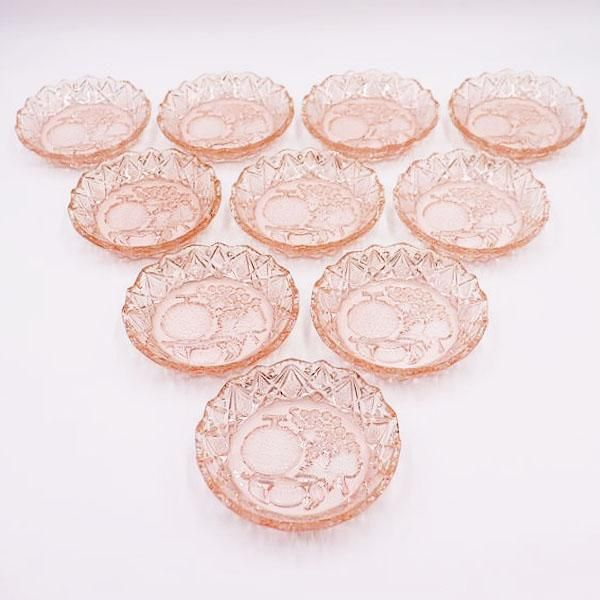 昭和レトロ プレスガラス皿 サーモンピンク サラダ用