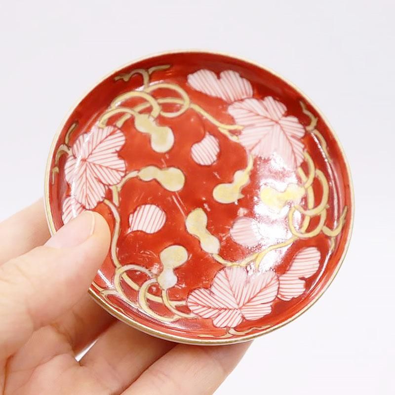 手描き赤絵豆皿 天塩皿 醤油皿和食器 昭和初期レトロ 7.5cm×1.5cm
