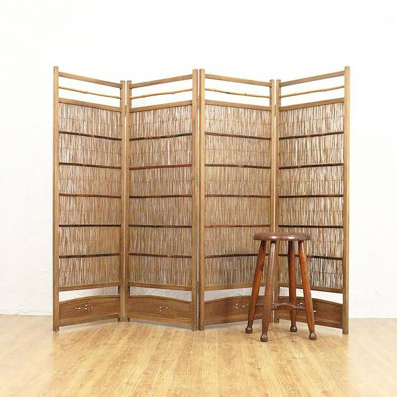 屏風 杉竹製 透かし入り 昭和初期 四連 アンティーク