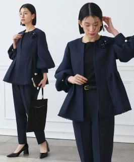 2WAYパール付け襟・タックフレアトップス＋シークレットゴムパンツ