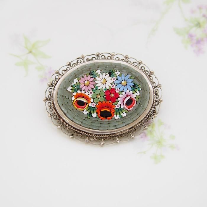 ITALY イタリア マイクロモザイク フラワー グレーオーバル ブローチ