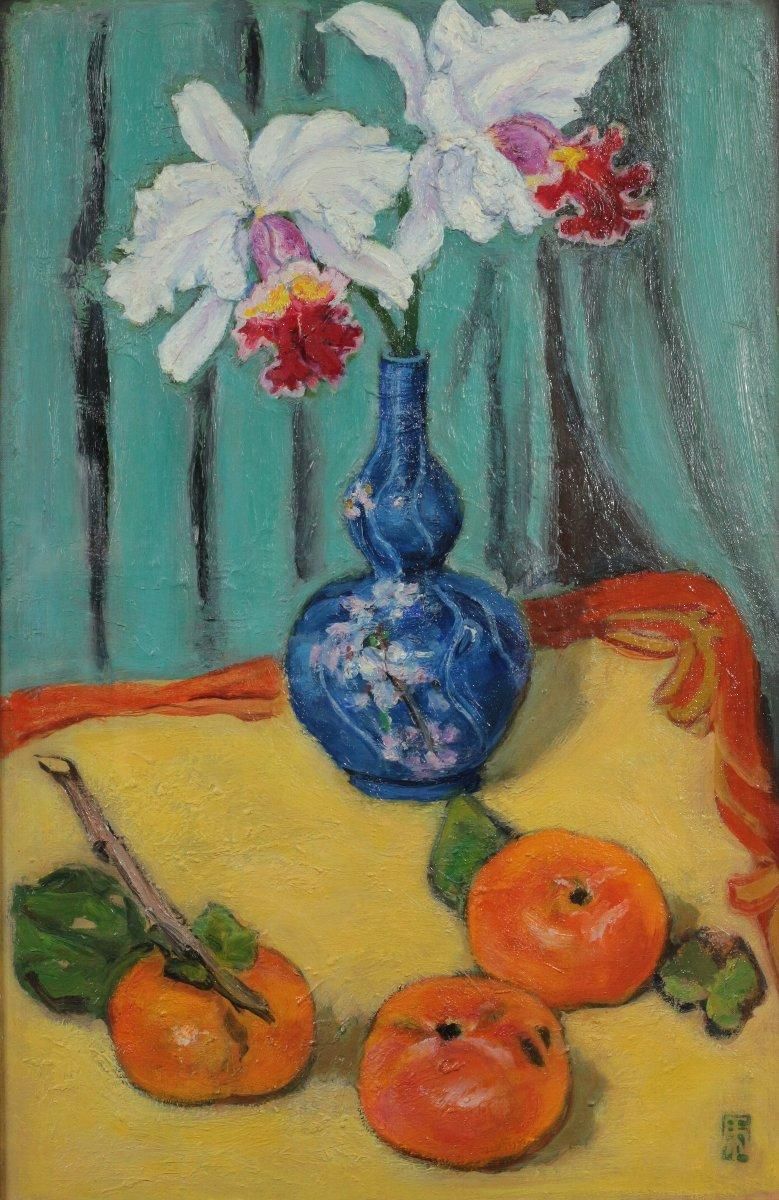 油彩 安宅乕雄「洋蘭と柿 M10」商品番号06060703 - 絵のある暮らし・絵