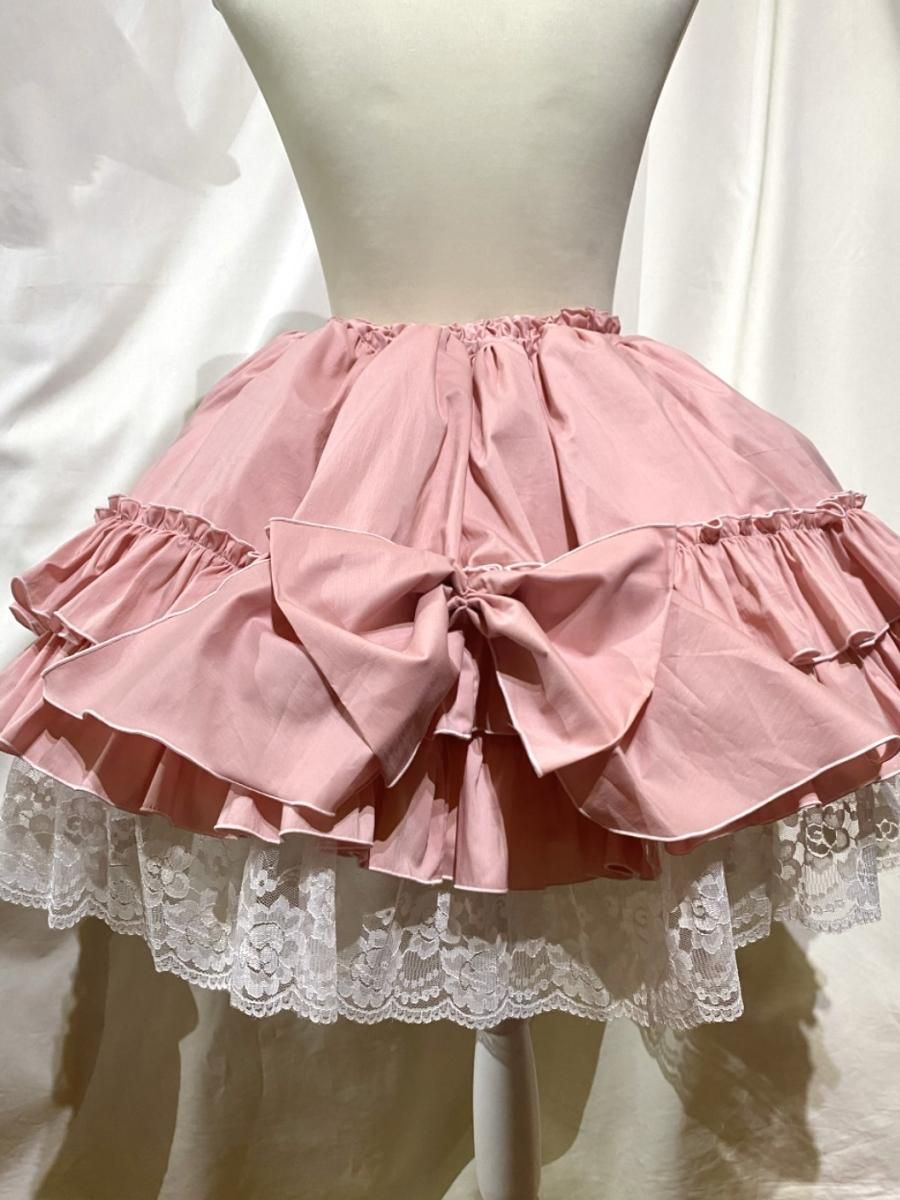 ◇受注商品◇パニエ入り後リボン付きフリルスカート：ピンク×白レース