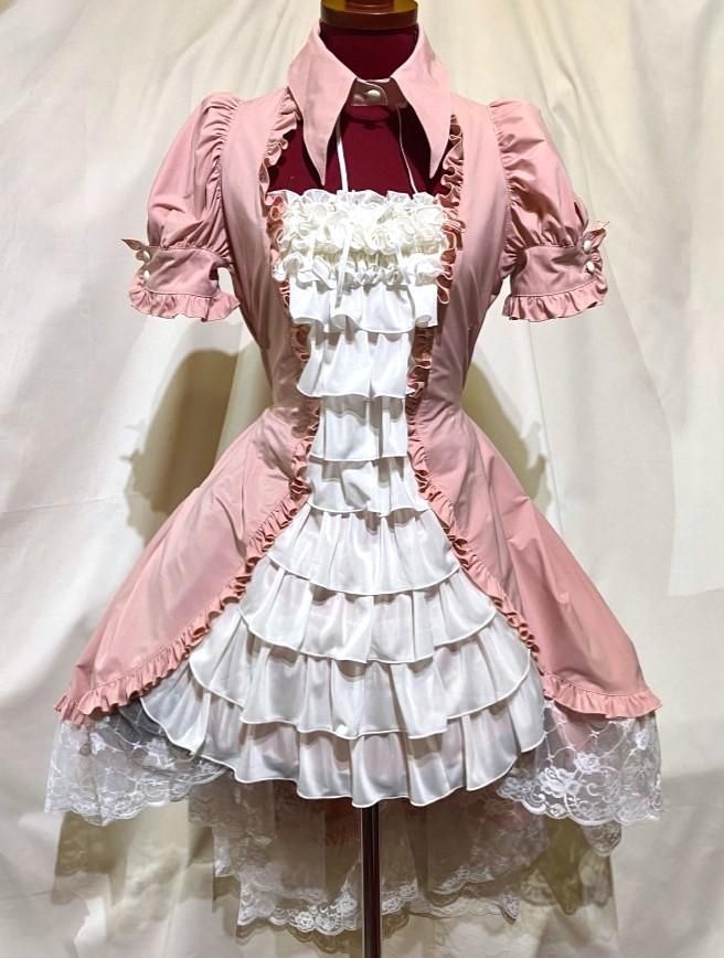 ◇受注商品◇別衿・姫袖付きドレスワンピース：ピンク×白フリル