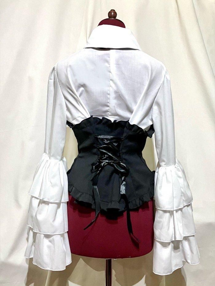 ◇受注商品◇コルセット風後ろ編み上げ姫袖ブラウス:黒×白×黒タイ×黒